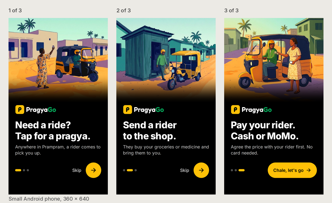 The three intro screens on a 360 by 640 phone